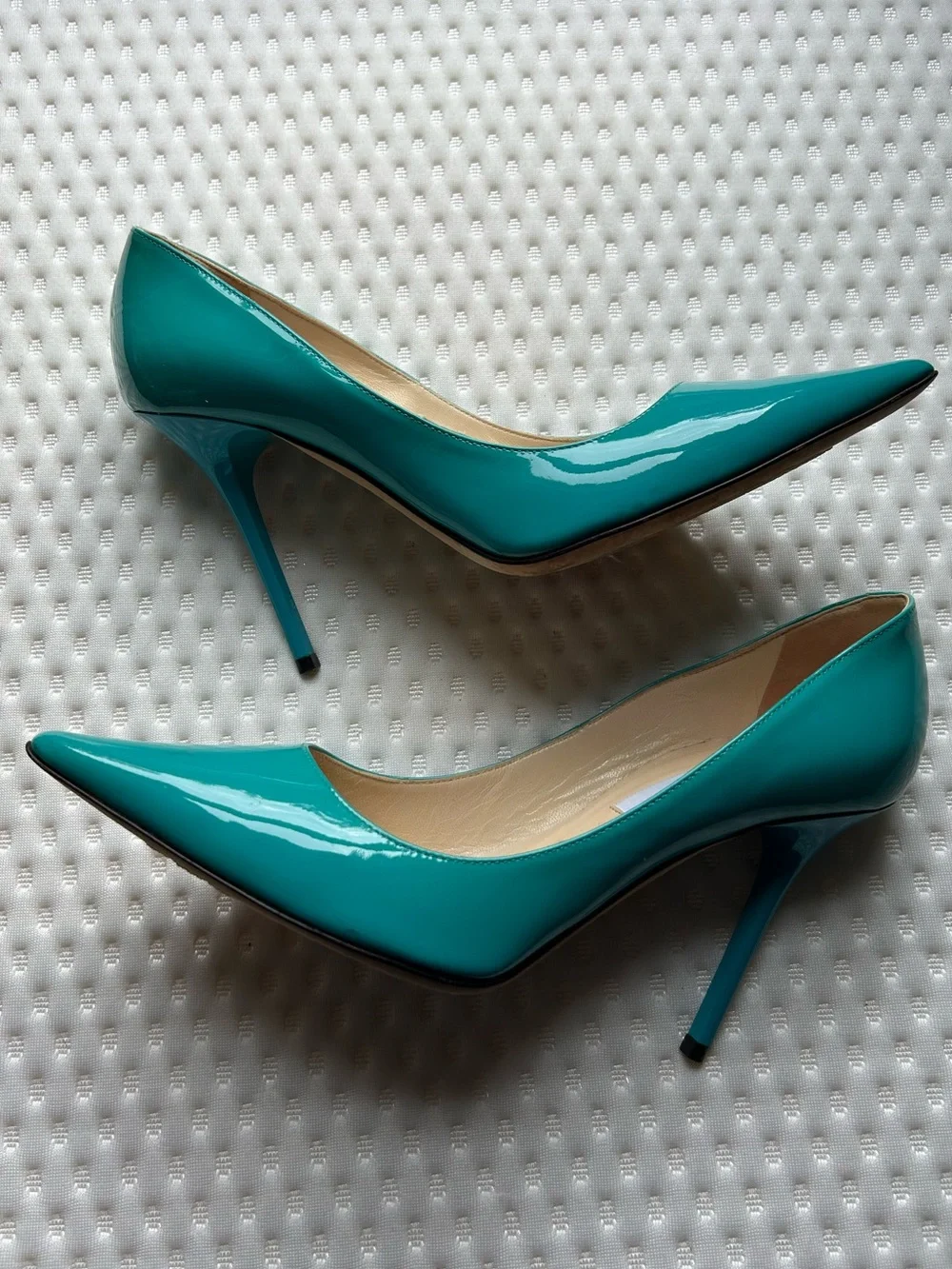 Jimmy Choo Anouk 120 Azora Turquoise Patent Leather Pumps IT 38 US 8